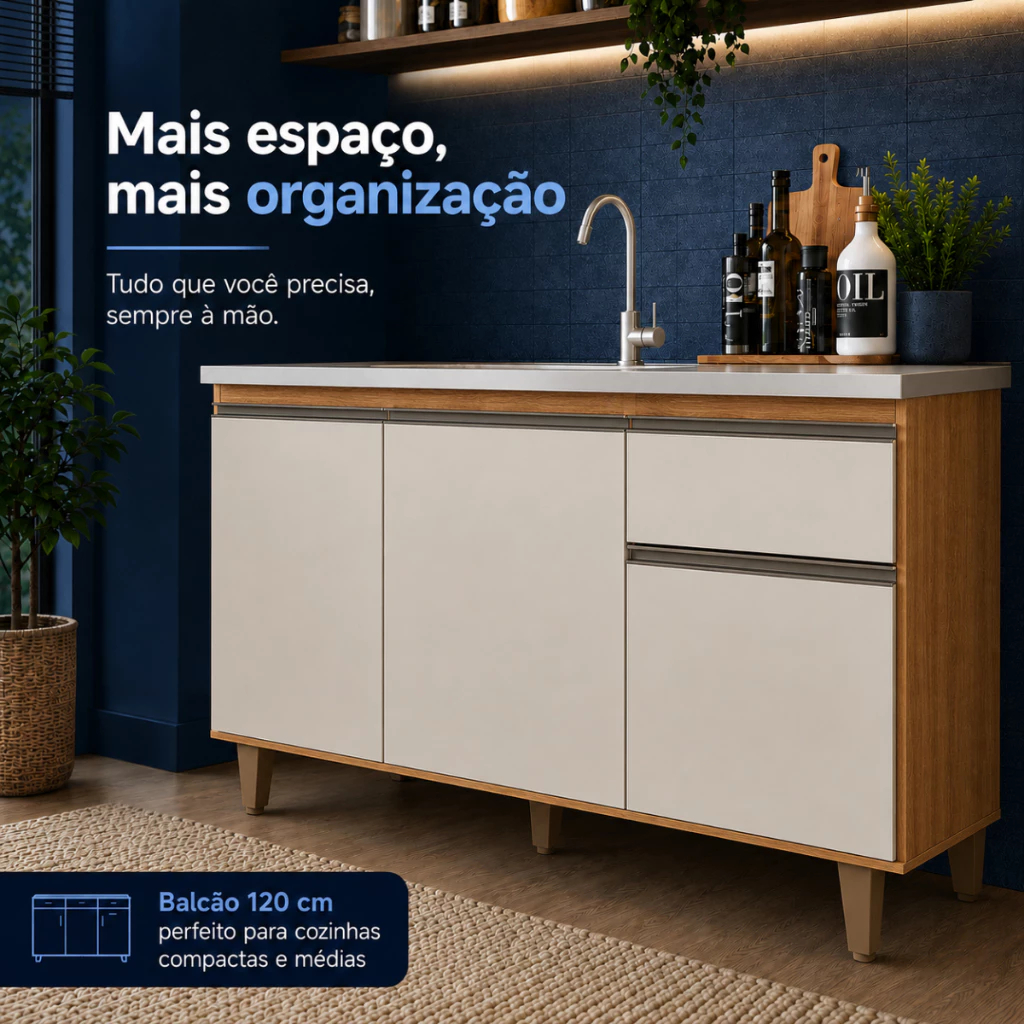 Balcão para Pia de Cozinha 120cm em MDP Cedro Areia com 3 Portas e 1 Gaveta - Armário sem Tampo — imagem 2 de 2