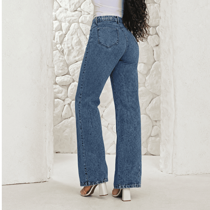 Calça Jeans Feminina Wide Leg Cintura Alta Marmorizada Azul — imagem 2 de 2