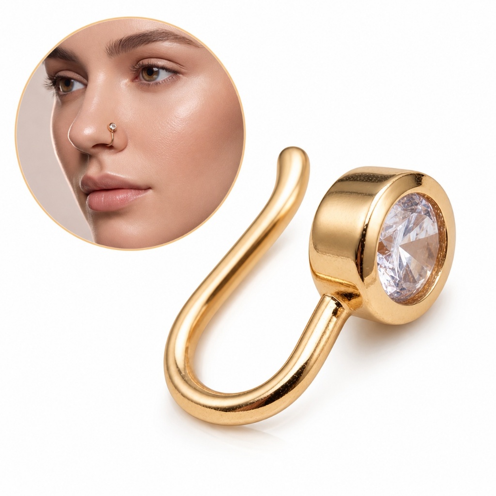 Clipe de Nariz Falso Piercing Pedra Redonda Zircônia Brilhante Aço Inoxidável Sem Perfuração Jóia Corporal Feminina Moda