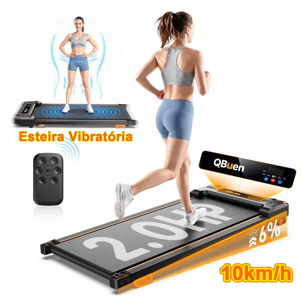Esteira Multifuncional Dobrável 2.0HP, Vibração Massagem, 6% Inclinação, Até 10km/h, Suporta 120kg com Controle Remoto