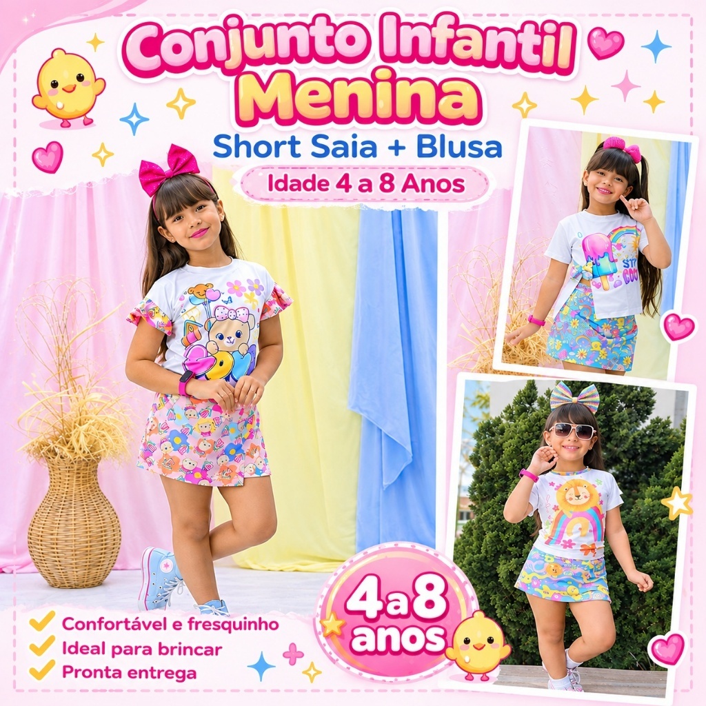 combinadinho Conjunto Infantil Menina blogueirinha Short Saia e Blusa Feminina Confortável Tam. 4,6 e 8 anos