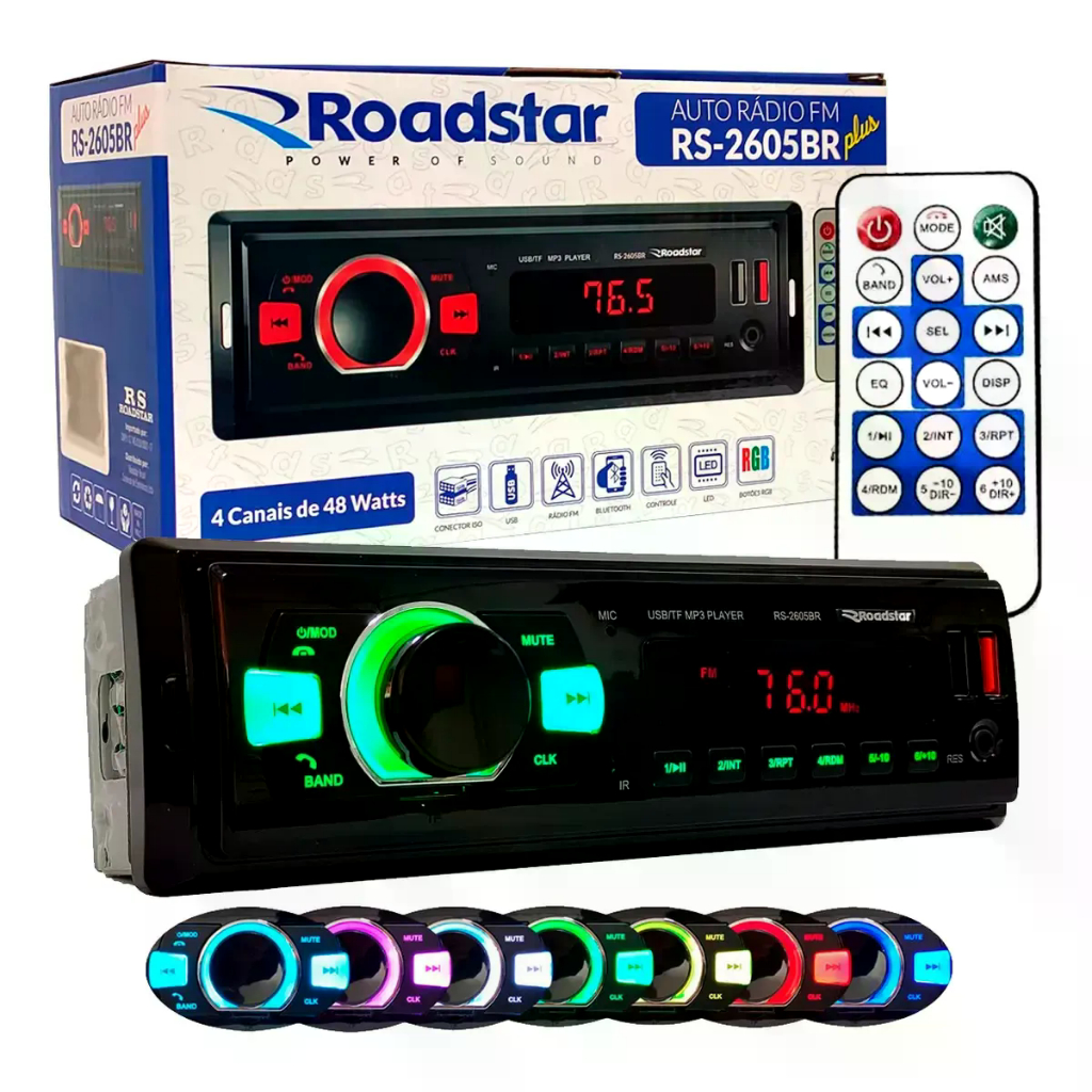 Rádio Mp3 Roadstar Bluetooth Usb Carrega Celular 7 Cores Led