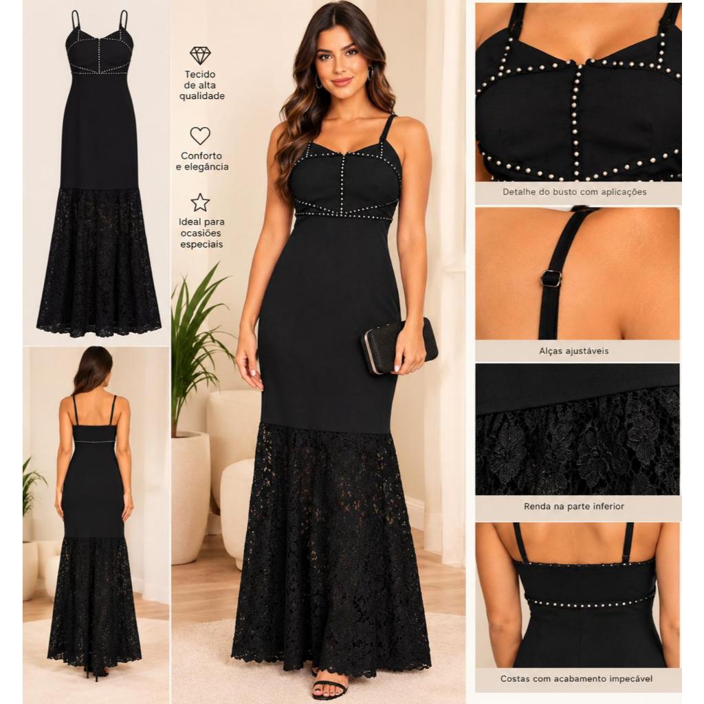 Vestido Longo Feminino Preto com Renda e Detalhes em Strass Elegante para Festa