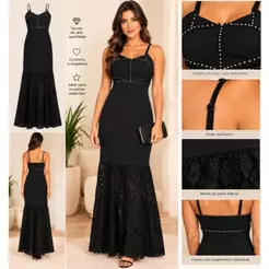 Vestido Longo Feminino Preto com Renda e Detalhes em Strass Elegante para Festa