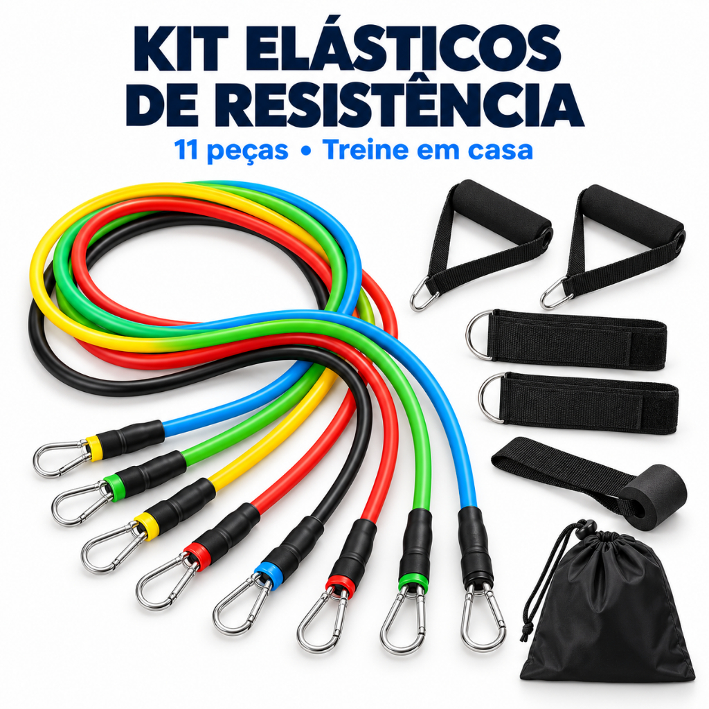 Kit Elásticos de Resistência 11 Peças com Alças e Âncora de Porta para Treino Funcional em Casa