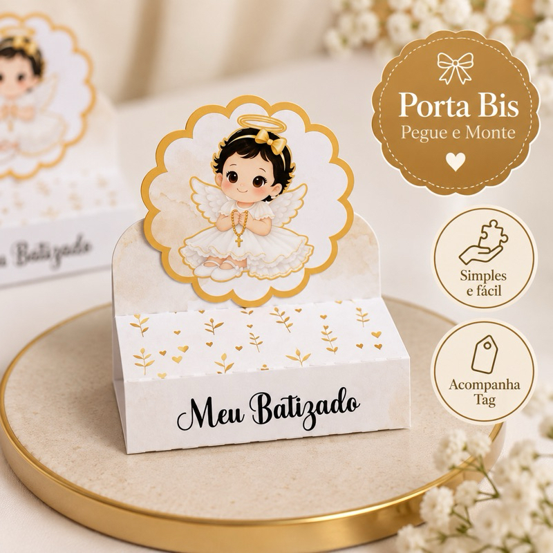 Porta Bis Duplo Batizado Menina Dourado | Lembrancinha Pegue e Monte