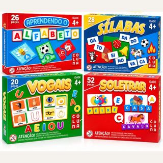 Kit 4 Jogo Pedagógico Educativo Vogais + Sílabas + Soletrar + Alfabeto Alfabetização infantil Criança Escola