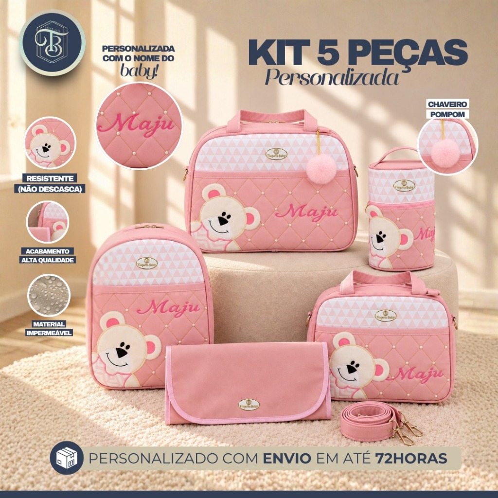 KIT BOLSA MATERNIDADE URSO DE LADO PERSONALIZADO 5 PEÇAS (ROSA)