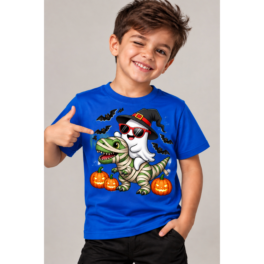 CAMISETA INFANTIL INFANTOJUNENIL JOVEM 100% ALGODÃO CONFORTÁVEL MENINO DESENHO FANTASMA COM DINOSSAURO ENVIO RAPIDO