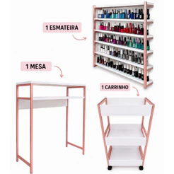 Kit Mesa Manicure Moderna com Carrinho Auxiliar Estilo Industrial + Expositor para Esmaltes ,Esmaltaria