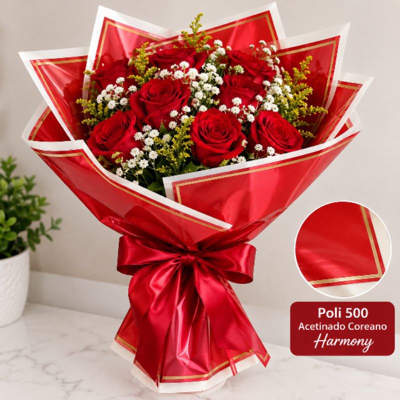 Papel Poli Acetinado Coreano LINE Rose 56cm x 55cm Embalagem  para Buquê coreano flores e Presentes