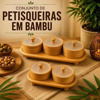 Petisqueira Bambu com 2 ou 3 Potes com Tampa