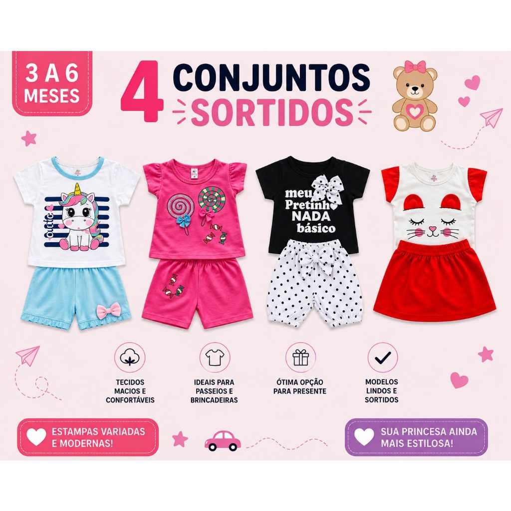 kit 4 conjuntos sortidos bebe menina infantil 4 shorts + 4 camisetas 3 a 6 meses