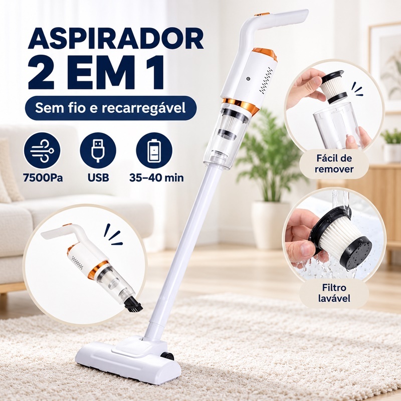Aspirador de Pó Sem Fio 2 em 1 Vertical e Portátil USB Recarregável 7500Pa Filtro Lavável