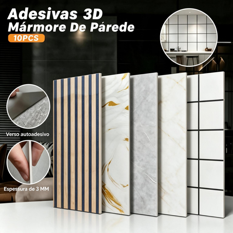 Kit 10 Placas Adesivas 3D Mármore De Parede Relevo Waterproof 30cm X 60cm Decoração
