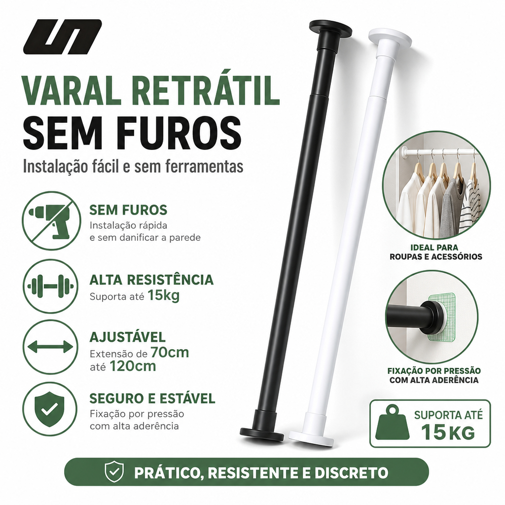 Varão Telescópico Metal Sem Furos Mola Embutida Gravidade Cortina Chuveiro Varal Roupas Suporte Robusto