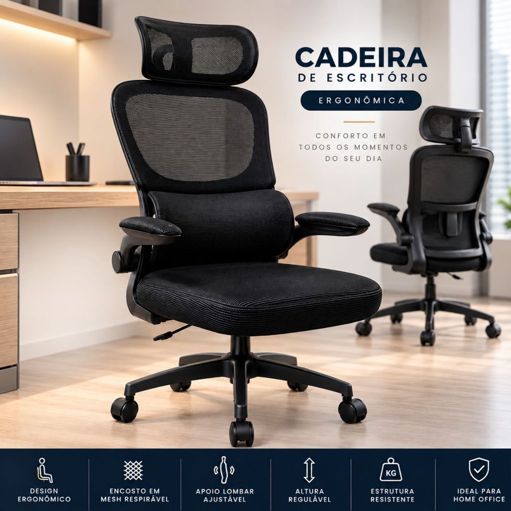 Cadeira Escritório Presidente Profissional Ergonômica Reclinável Apoio Lombar Com Rodinha - Preta