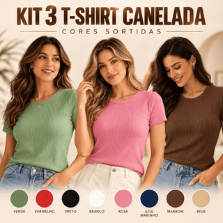 KIT 3 T-SHIRT CORES SORTIDAS MALHA CANELADA BLUSA FEMININA VERÃO CASUAL TRABALHO COMBO PERFEITO QUALIDADE PREMIUM