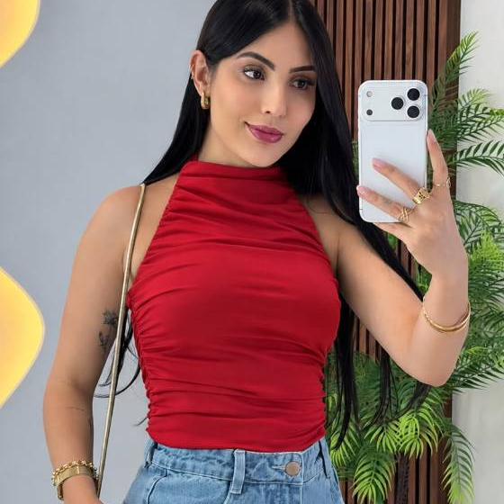 Blusa gola alta frente unica drapeada tecido duplo suplex premium