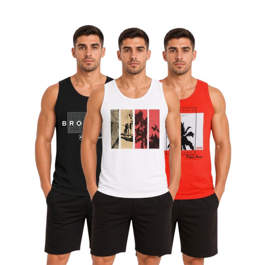 Kit 3 Camiseta Regata Masculina Algodão Cores do Verão
