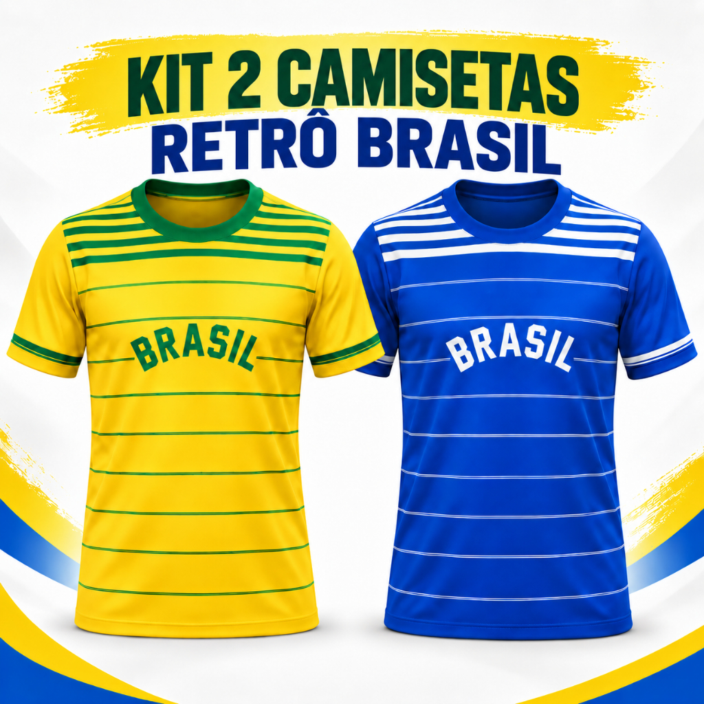 Kit Conjunto Camiseta e Shorts Juvenil Infantil Brasil Retro Listrado Amarelo e Azul Patriota