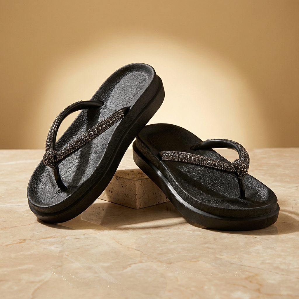 Papete Alta Feminina Plataforma Sandália Feminina Strass Pedraria Chinelo De Dedo Confortável