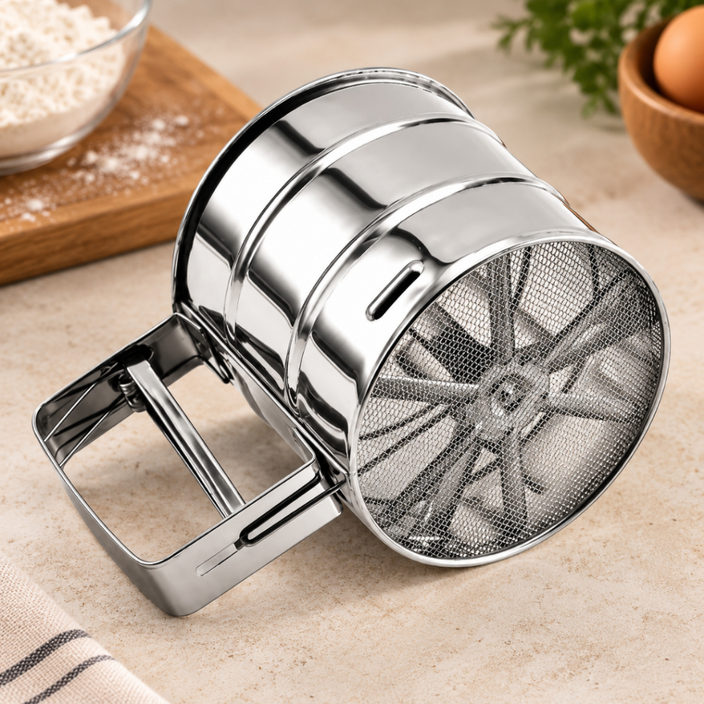 Polvilhador Em Inox Com Gatilho Peneira Para Farinha Açúcar Polvilhar