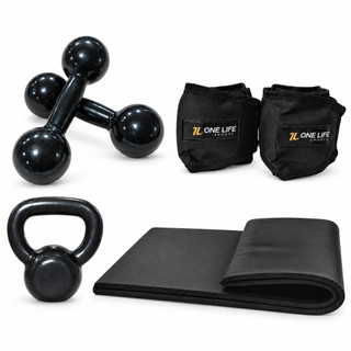 Kit Academia em Casa com Halteres 3 kg, Caneleiras 3 kg, Kettlebell 4 kg e Colchonete 90x40x3 cm Treino Funcional  Kit M