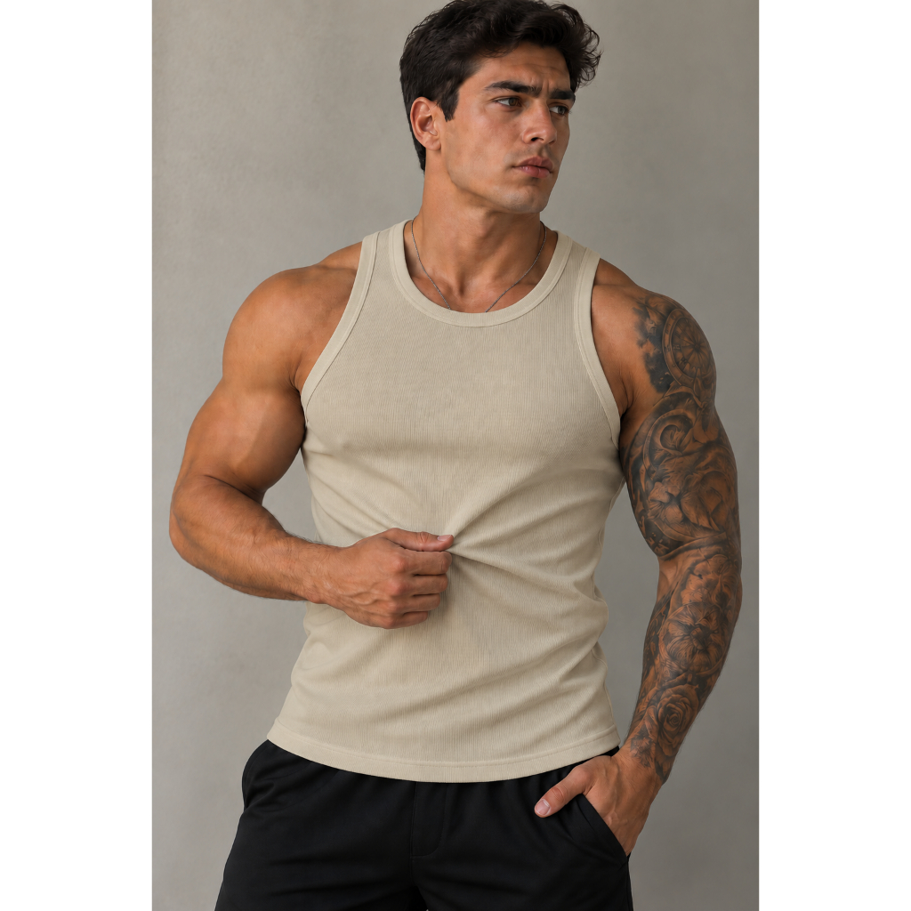 Regata Masculina Canelada Ribana Slim de Algodão com Elastano, Camiseta Sem Manga Confortável e Ajustada para Academia