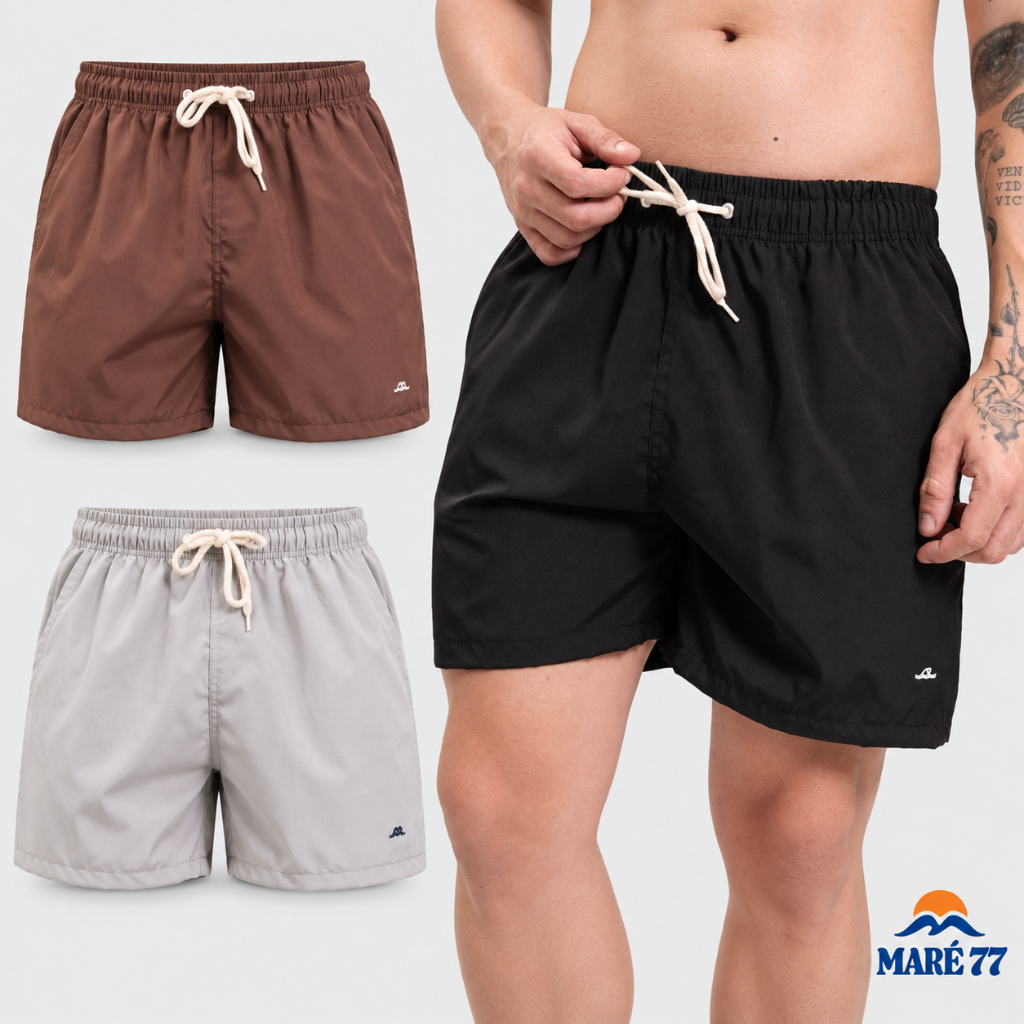 Kit 3 Short Masculino Tactel com Elastano Bermuda Mauricinho Praia Verão Casual Bolsos Cordão Cru Bordado Ajustável Liso