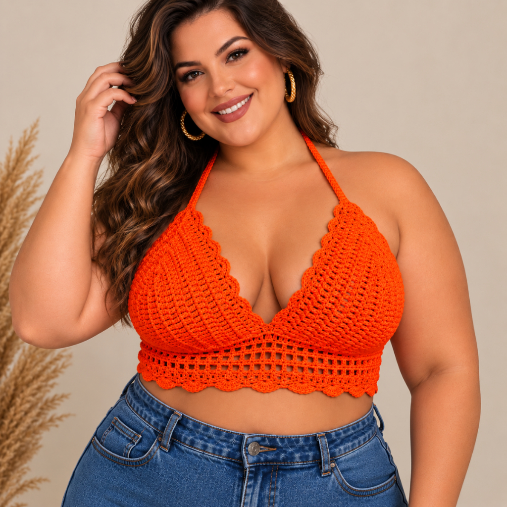 Top de Crochê Feito a mão Cropped Artesanal para Praia com Bojo Plus Size Envio Imediato — imagem 2 de 2