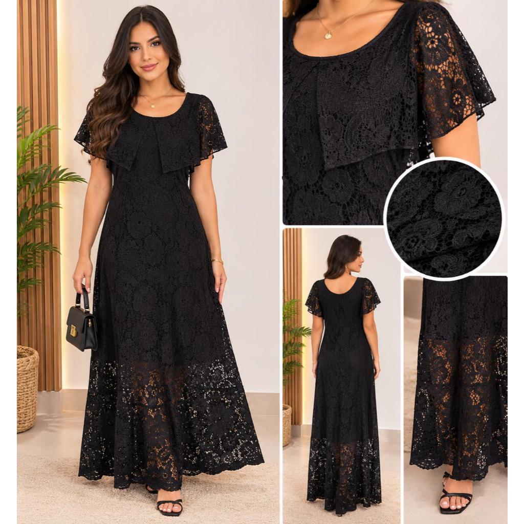 Vestido Longo Feminino Preto com Renda e Detalhes em Strass Elegante para Festa — imagem 2 de 2