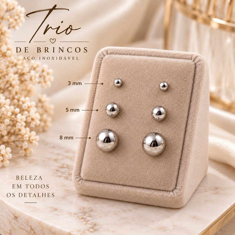 Kit 3 Pares de Brincos Bolinha em Aço Inoxidável 316L