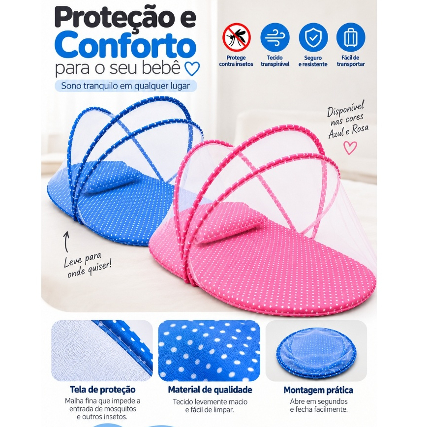 Berço Portátil Bebê com Mosquiteiro Dobrável Tela Proteção Contra Insetos Viagem Azul Rosa