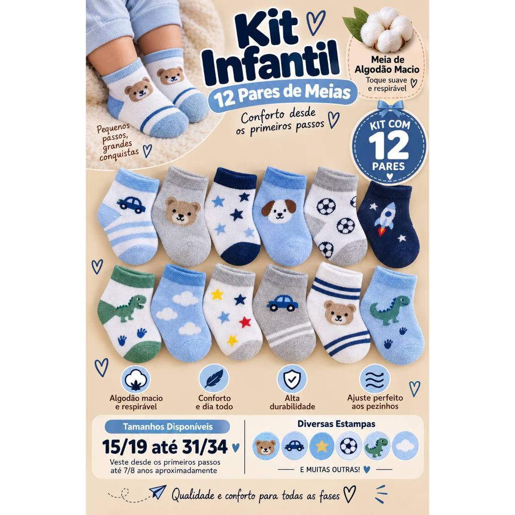 Kit Com 3 Até 12 Pares De Meias Infantil Recém-Nascidos MENINO Algodão 0-14 Anos