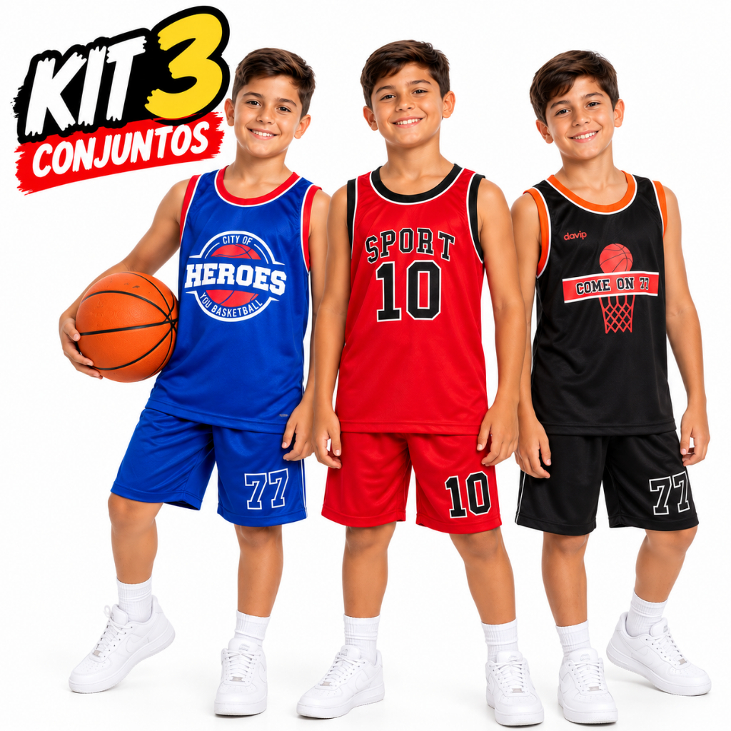 Kit 3 Conjuntos Esportivos Infantil Masculino Menino Estilo Basquete Camiseta + Short Leve e Confortável 6 a 12 anos
