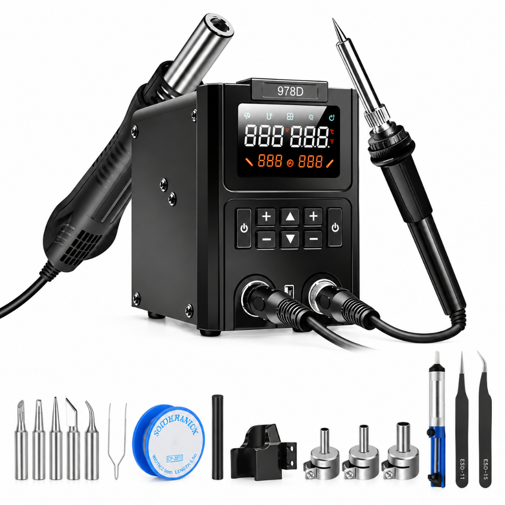 Kit 18 Estaçao de solda e retrabalho 1000W 2em1 Soprador de ar quente para soldagem e dessoldagem