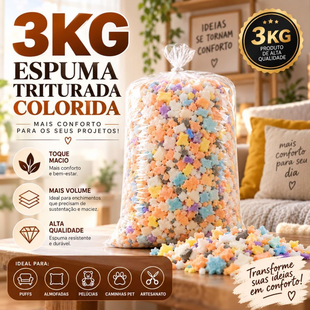 3KG Espuma Triturada Enchimento de Espuma p/ Puffs e Almofadas Travesseiros e Estofados - Envio Rápido