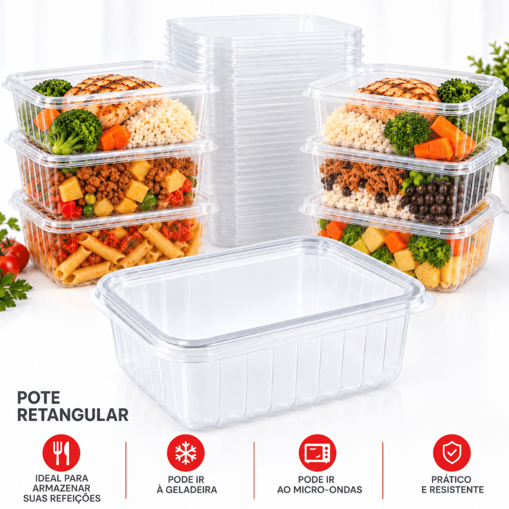 Kit Pote Marmita Com Tampa Retangular Fitness Descartável Diversos Tamanhos Microondas Freezer Livre BPA
