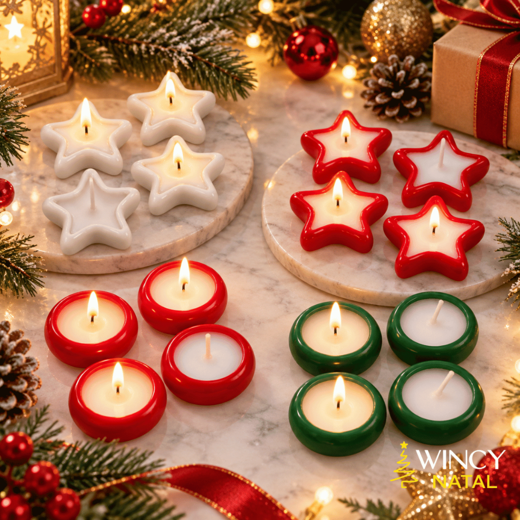 Kit 4 Velas Natalinas Estrela e Redonda 5cm - Wincy Natal / Vela Decorativa Enfeite Natal Mesa Ceia Luxo