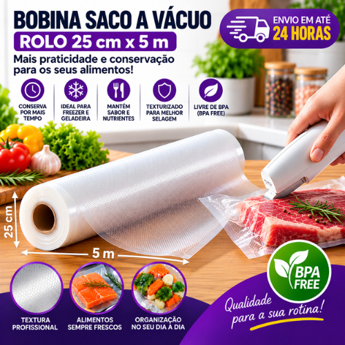 Bobina Saco a Vácuo Rolo 25cm x 5m para Seladora Embalagem Alimentos Texturizado Conservação Cozinha Freezer BPA Free
