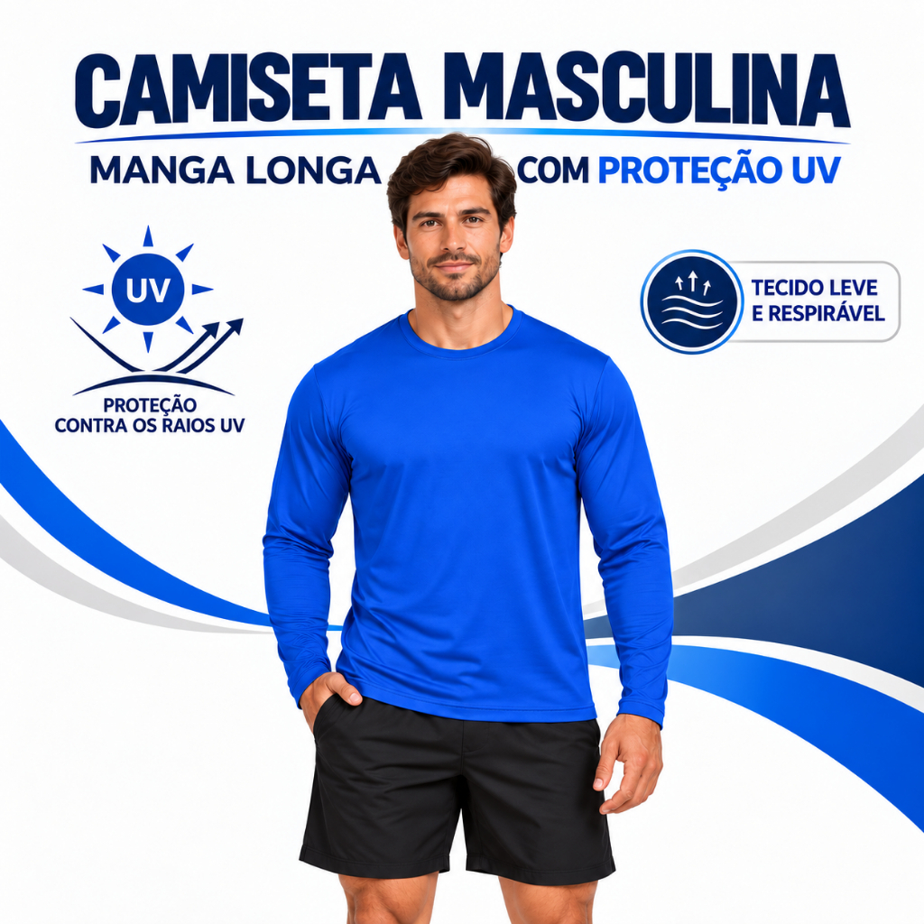 Camiseta Masculina Manga Longa Proteção UV Esportiva Respirável Secagem Rápida Academia Corrida Ciclismo Praia Caminhada