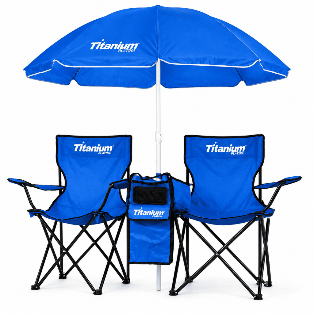 Kit 2 Cadeiras Dobráveis Praia Camping com Guarda Sol e compartimento Central Titanium Platina