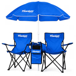 Kit 2 Cadeiras Dobráveis Praia Camping com Guarda Sol e compartimento Central Titanium Platina