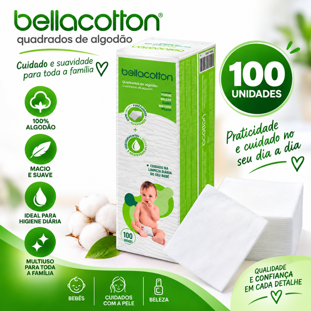 Algodão Quadrado Baby Maxi Bellacotton Pacotão Biodegradável - 100 Unidades