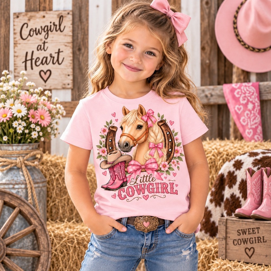 Camiseta Infantil Menina Cowgirl Cavalo Country Rosa Bota Rodeio Fazendinha Estampa Western