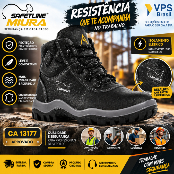 Botina Eletricista Safetline Miura Gran Luxo Bico PVC CA 13177 Botina de Segurança Preta EPI