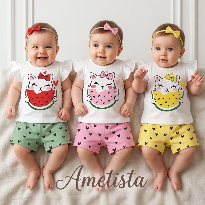 Kit de Conjuntos Bebê Menina 2, 4 ou 6 Peças Blusa e Short Roupa Infantil Algodão 3 a 6 Meses Estampado