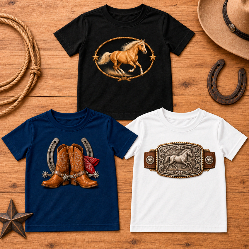 Kit 3 Camisetas Masculina Infantil Juvenil Estampadas | T-Shirt Menino Moderna Casual Algodão Cavalos Country