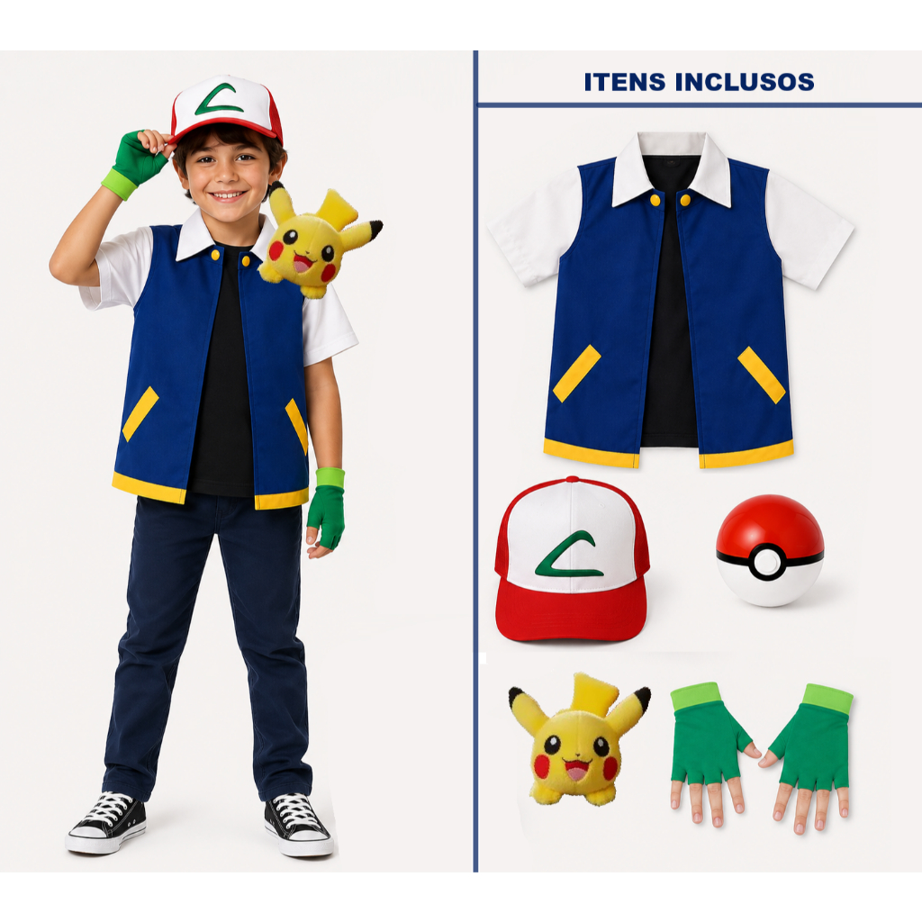 Fantasia Ash Pokemon Colete + Bone + Luva e Pelucia Pikachu Infantil e Adulta